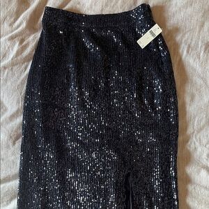 Anthropologie Navy Blue Sequin Midi Pencil Skirt with Slit - Size S